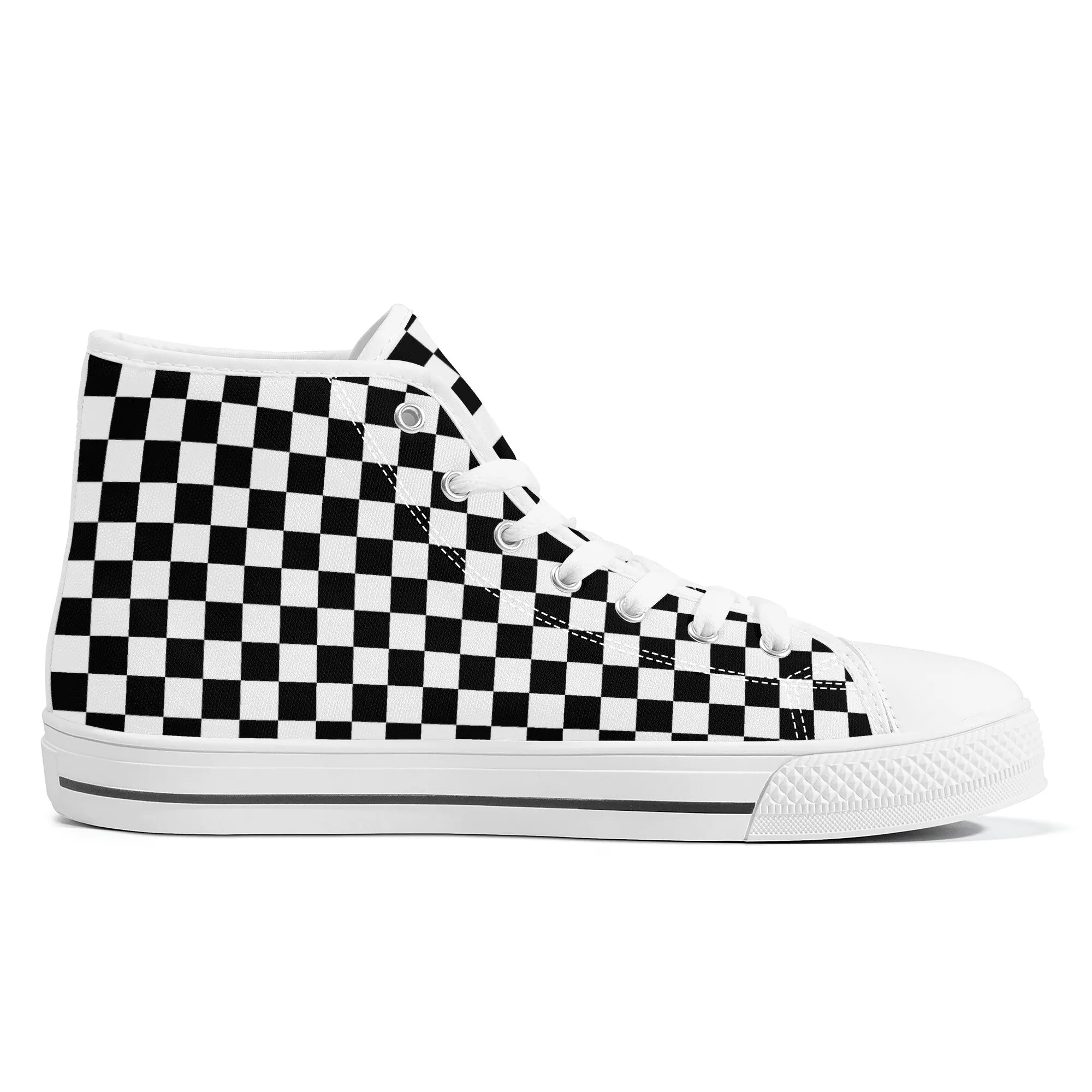 Speedway Style: Checkered Racing Pattern in Black and White Converse Style High Tops