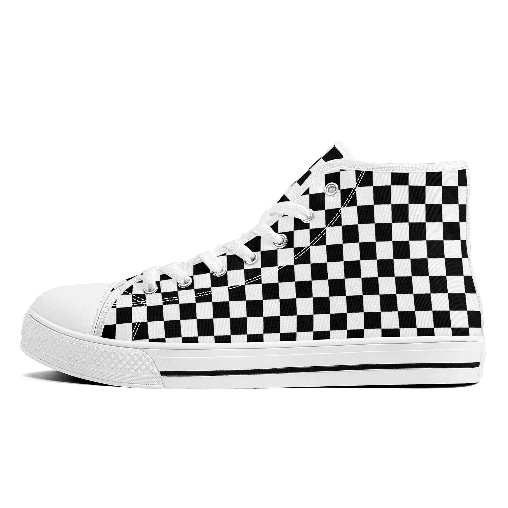 Speedway Style: Checkered Racing Pattern in Black and White Converse Style High Tops