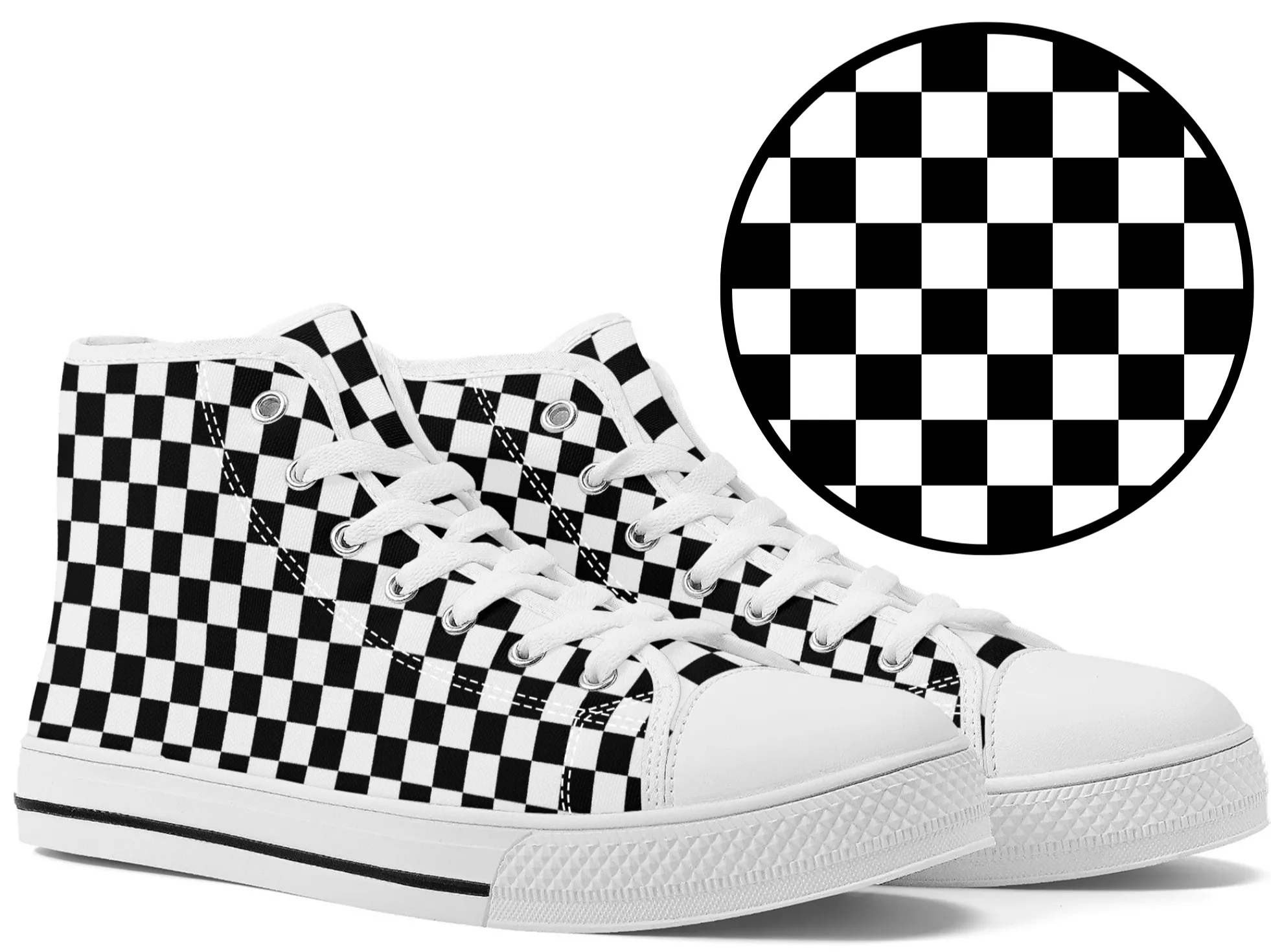 Speedway Style: Checkered Racing Pattern in Black and White Converse Style High Tops