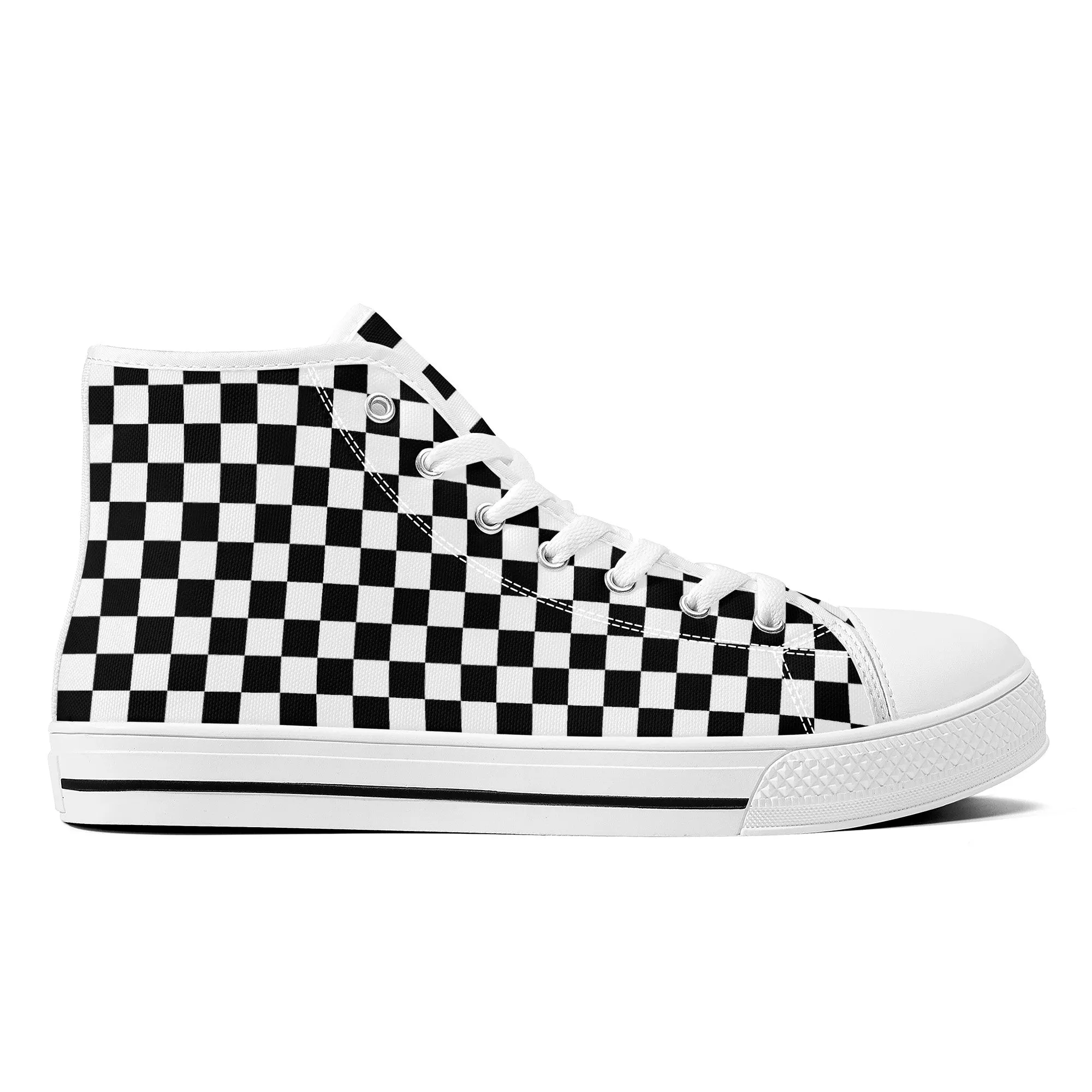 Speedway Style: Checkered Racing Pattern in Black and White Converse Style High Tops