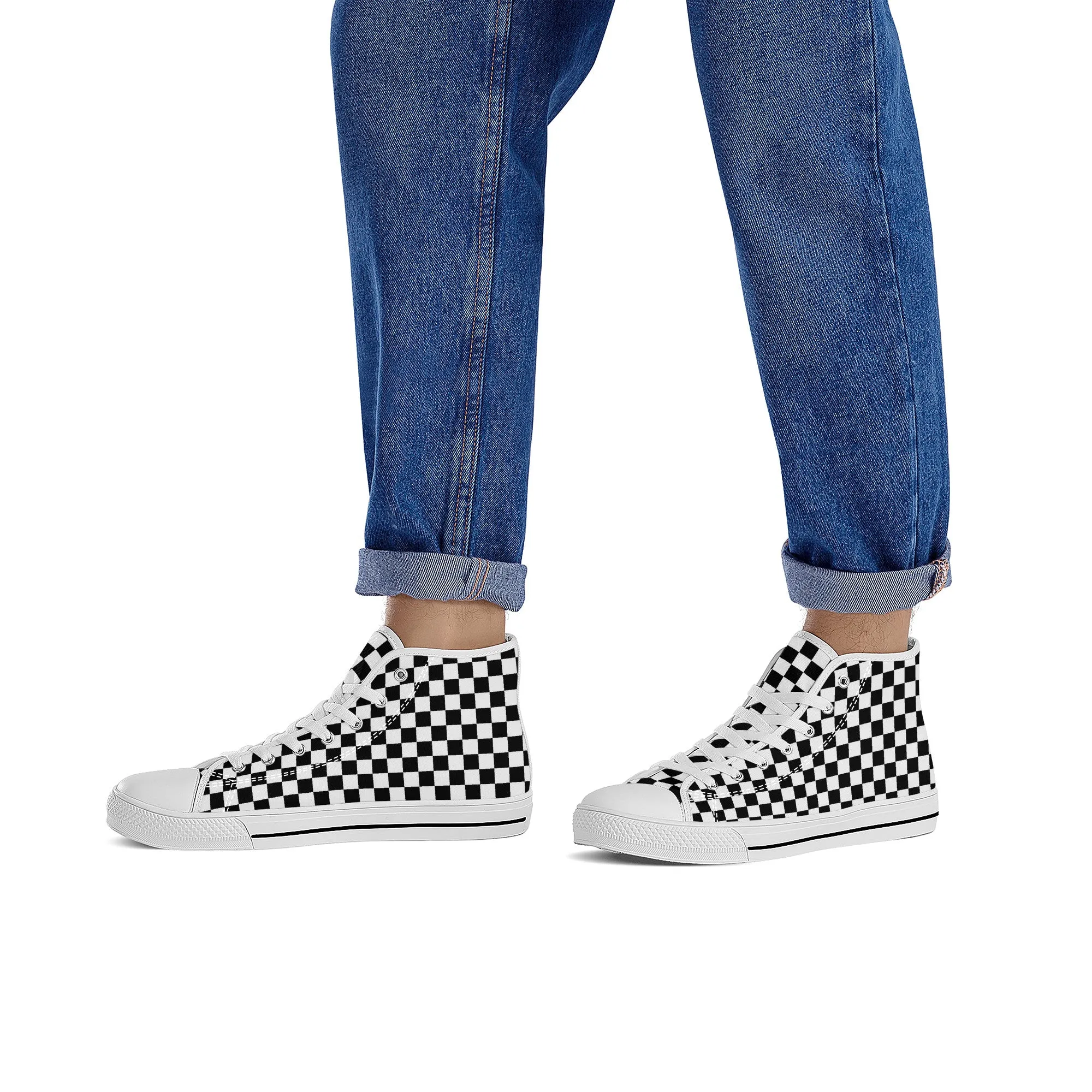 Speedway Style: Checkered Racing Pattern in Black and White Converse Style High Tops