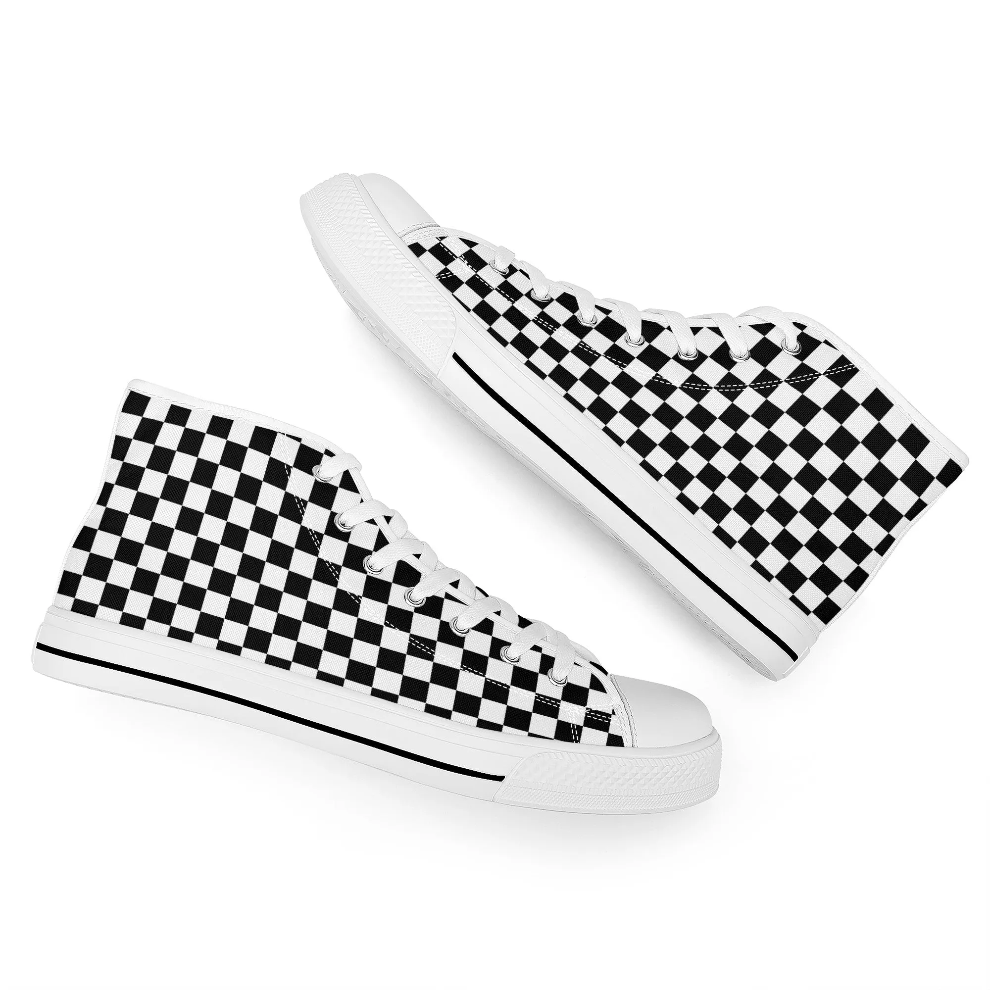 Speedway Style: Checkered Racing Pattern in Black and White Converse Style High Tops