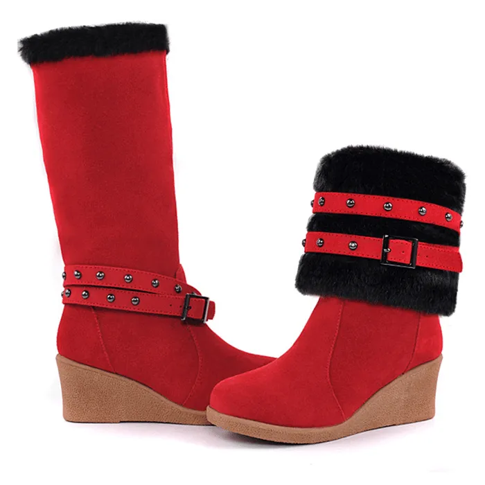Wedge High Heel Buckle Mid Calf Boots