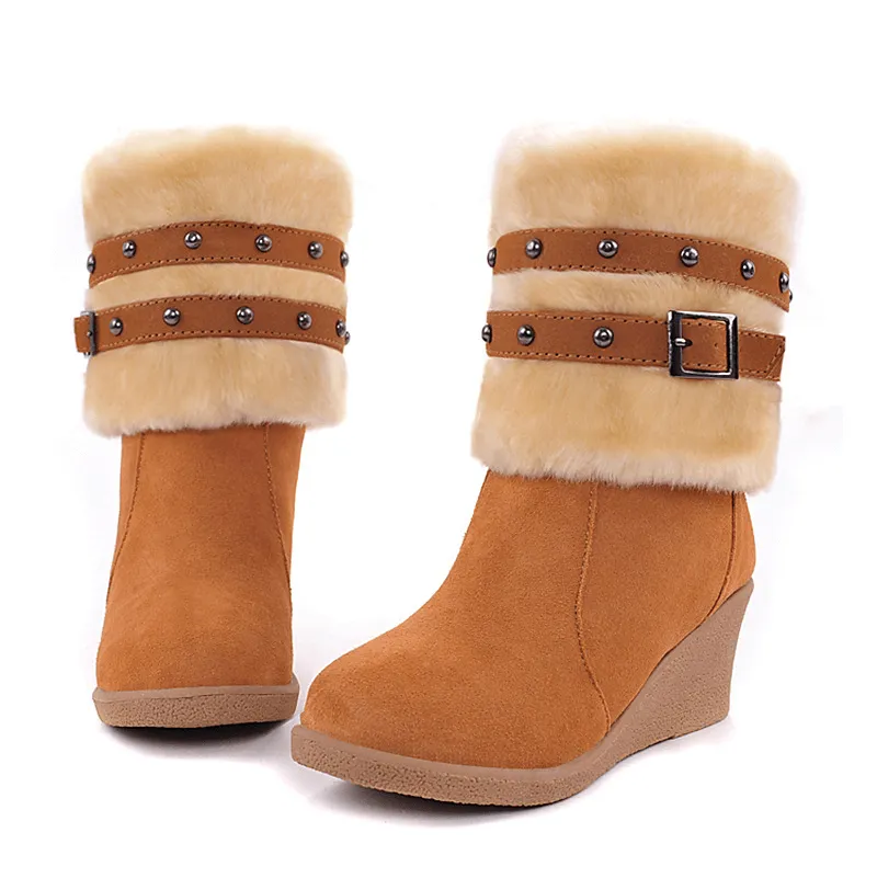 Wedge High Heel Buckle Mid Calf Boots