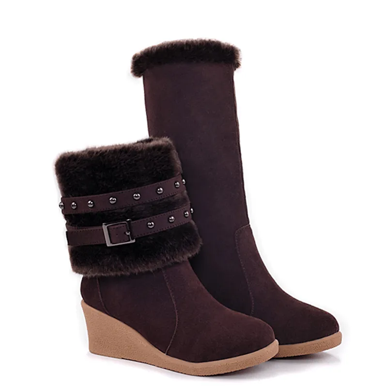 Wedge High Heel Buckle Mid Calf Boots