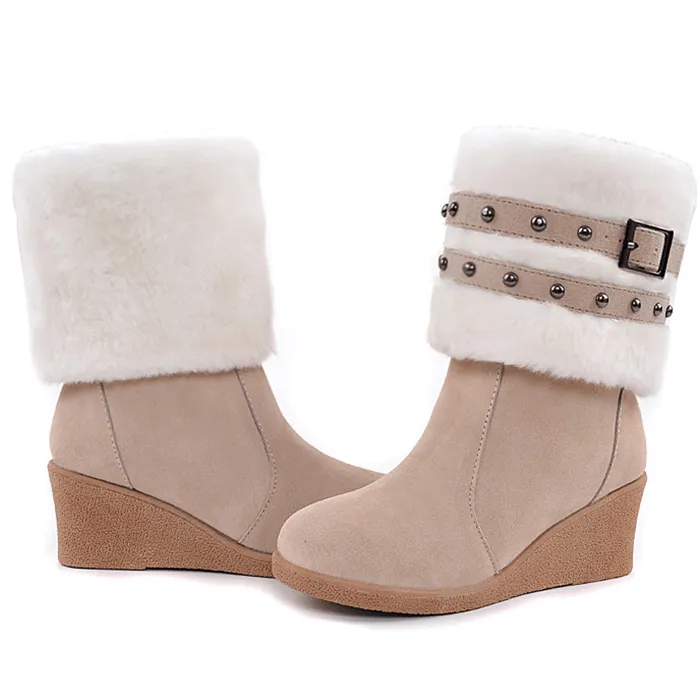 Wedge High Heel Buckle Mid Calf Boots