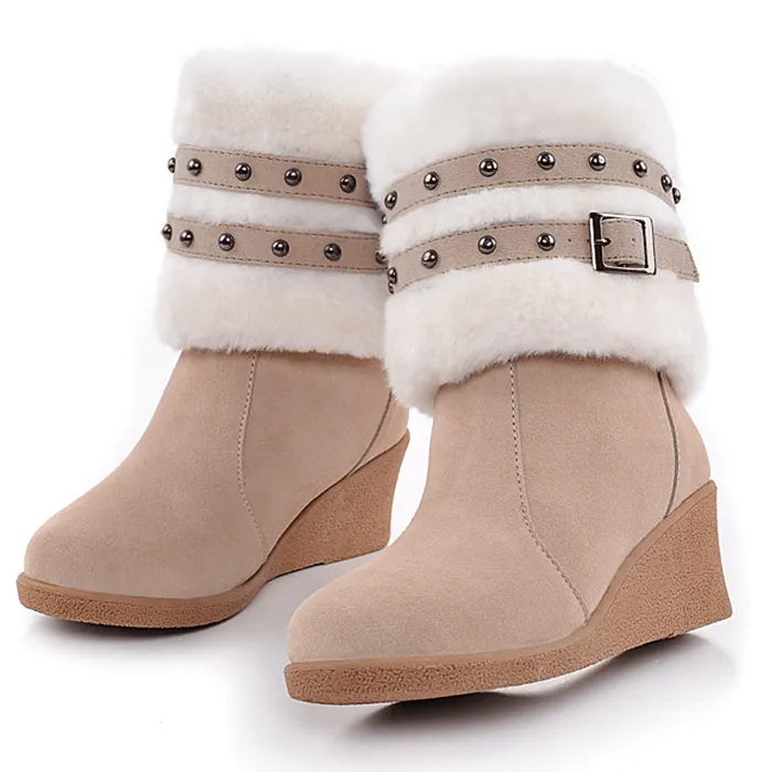 Wedge High Heel Buckle Mid Calf Boots