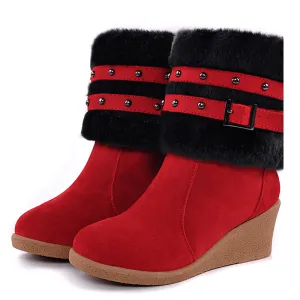 Wedge High Heel Buckle Mid Calf Boots