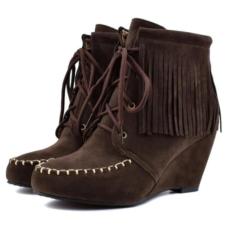 Wedge Lace Up Fringe Suede Ankle Boots