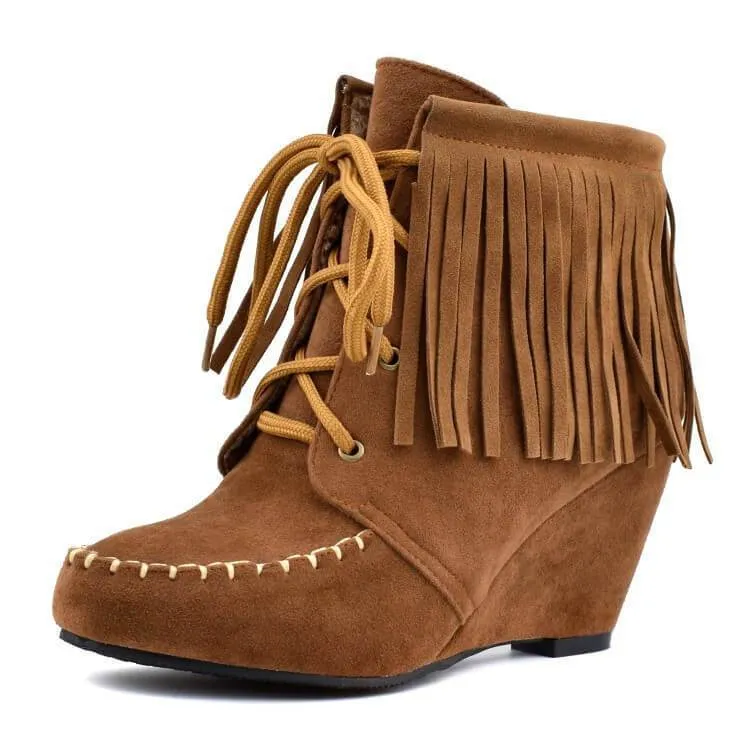 Wedge Lace Up Fringe Suede Ankle Boots