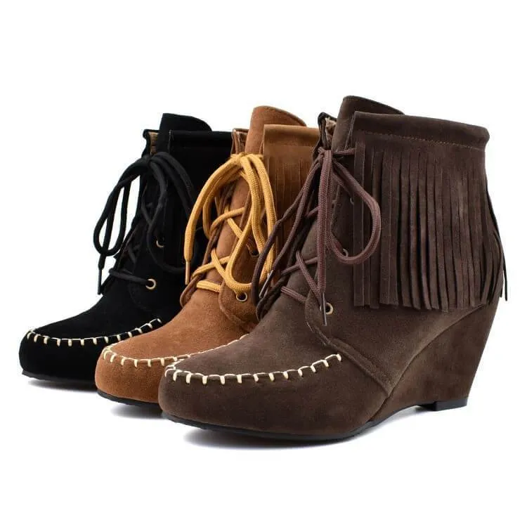 Wedge Lace Up Fringe Suede Ankle Boots