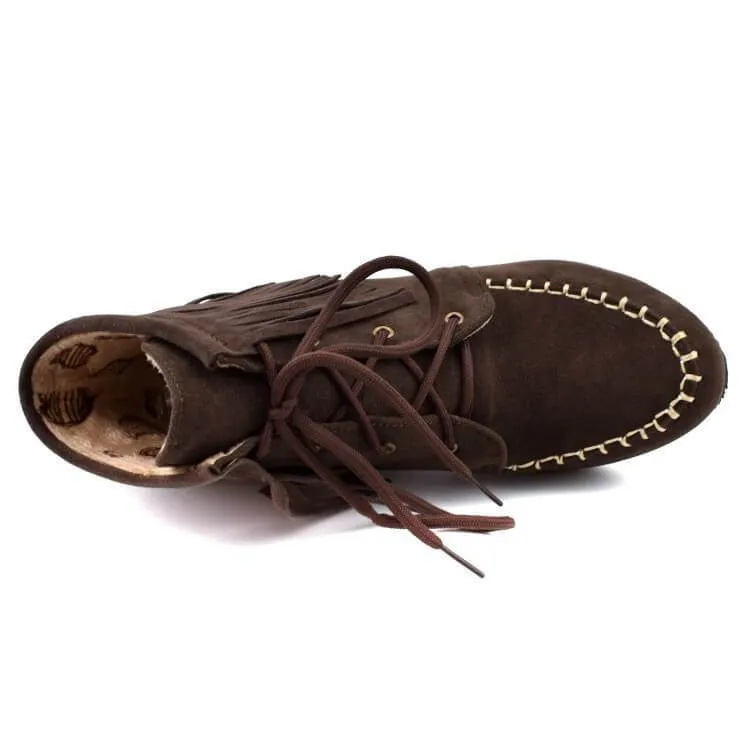 Wedge Lace Up Fringe Suede Ankle Boots