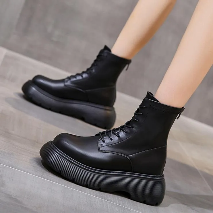 Women black lace up back zipper chunky platform motorcycle boots