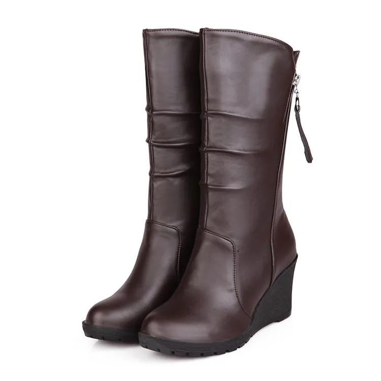 Women mid calf side zipper high heel wedge boots