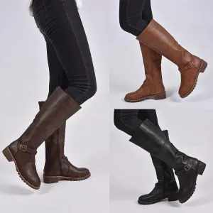 Women retro low heel knee high knight riding boots