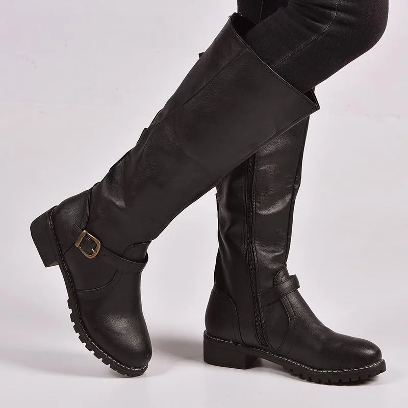 Women retro low heel knee high knight riding boots