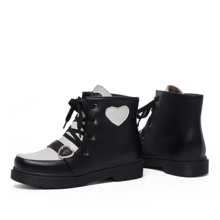 Women's Lolita Pu Leather Round Toe Love Hearts Tied Straps Flat Ankle Boots