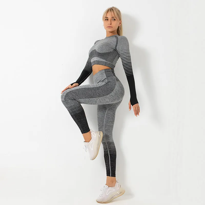 Women's Ombre Long Sleeve High Waisted Gym Set