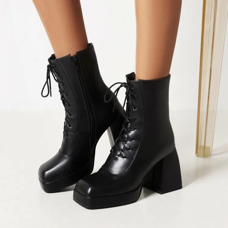 Women's Pu Leather Square Toe Lace Up Block Heel Platform Short Boots
