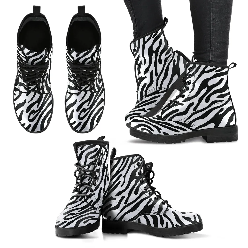 Zebra Stripe Women's Vegan Leather Combat Boots
